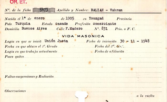 Ficha de miembro de Vahram Balian.