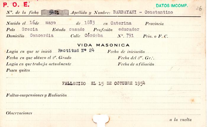 Ficha de miembro de Constantino Barbayani.