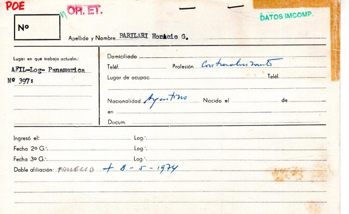 Ficha de miembro de Horacio G. Barilari.