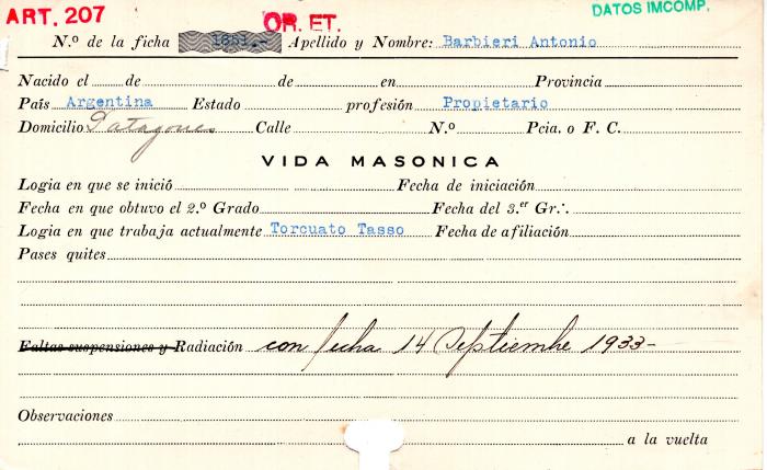 Ficha de miembro de Antonio Barbieri.