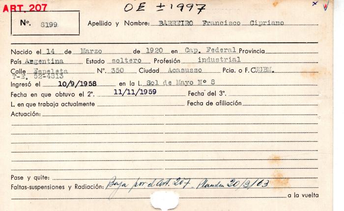Ficha de miembro de Francisco Cipriano Barreiro.