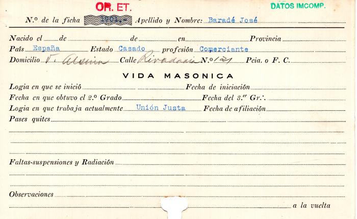 Ficha de miembro de José Baradé.