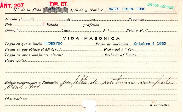 Ficha de miembro de Hugo Baldi Corra.