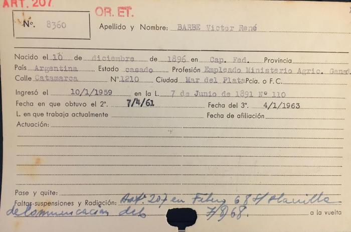 Ficha de miembro de Víctor René Barbe.
