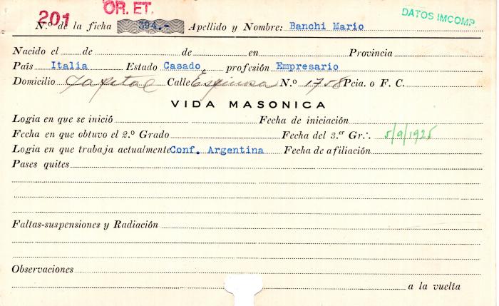 Ficha de miembro de Mario Banchi.