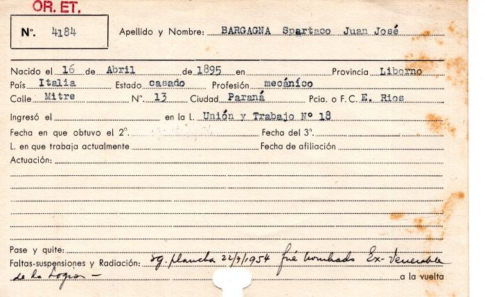 Ficha de miembro de Spartaco Juan José Bargagna.