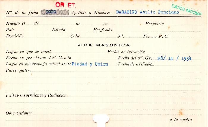 Ficha de miembro de Atilio Ponciano Barabino.