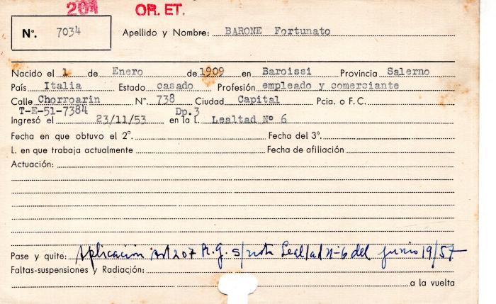 Ficha de miembro de Fortunato Barone.