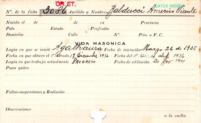 Ficha de miembro de Américo Vicente Balducci.