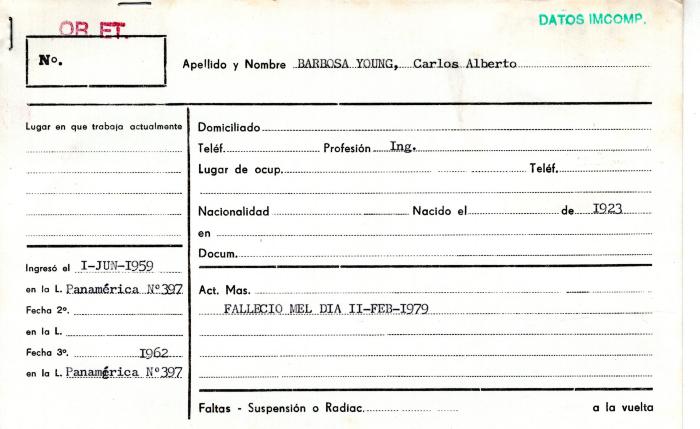 Ficha de miembro de Carlos Alberto Barbosa Young.