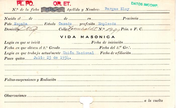 Ficha de miembro de Eloy Bargas.