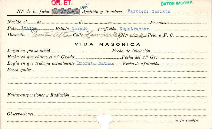 Ficha de miembro de Calixto Barbieri.