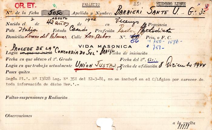 Ficha de miembro de U. Barbieri Sante.