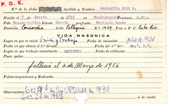 Ficha de miembro de José N. Barbaccia.