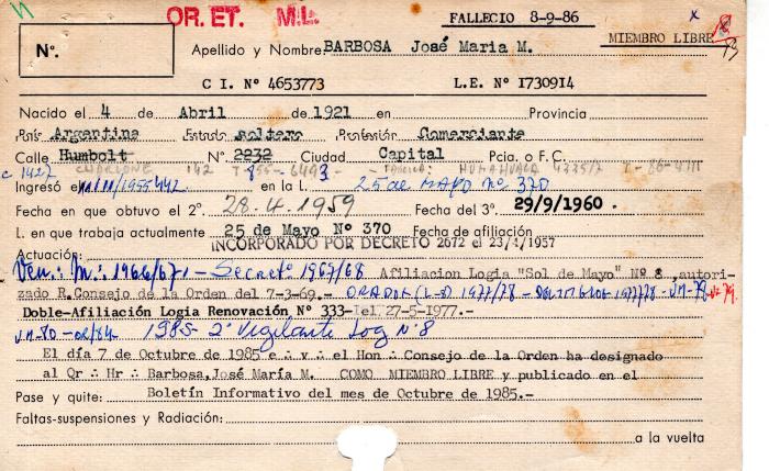 Ficha de miembro de José María M. Barbosa.