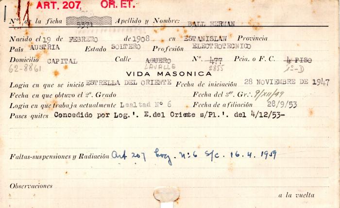 Ficha de miembro de Herman Ball.