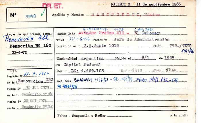 Ficha de miembro de Máximo Baringoltz.