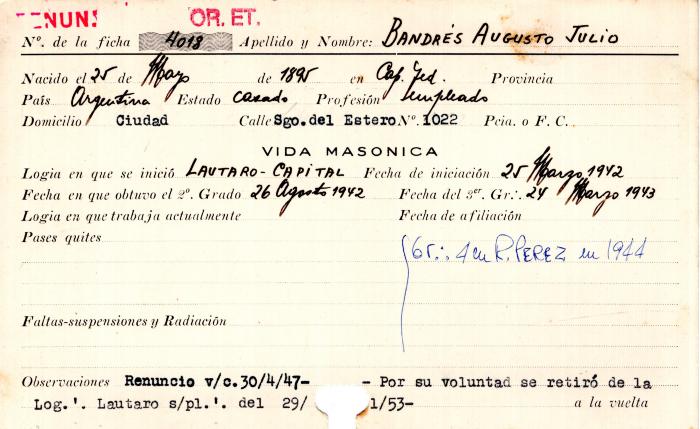 Ficha de miembro de Augusto Julio Bandrés.