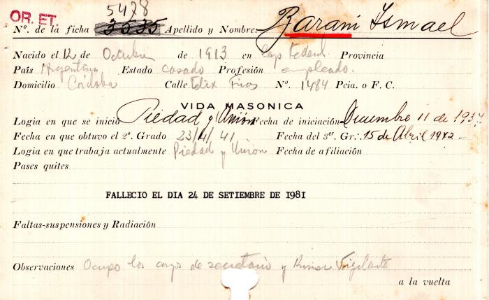 Ficha de miembro de Ismael Roberto Barani.