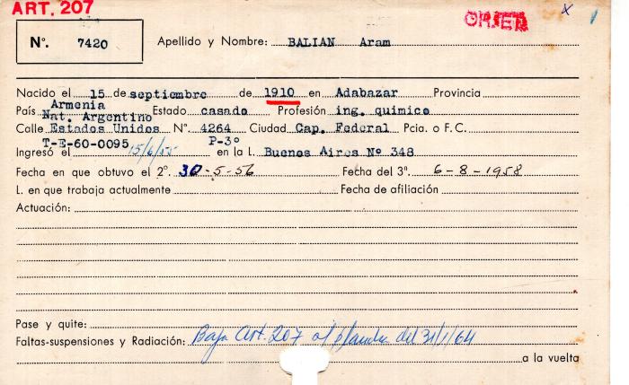 Ficha de miembro de Aram Balian.