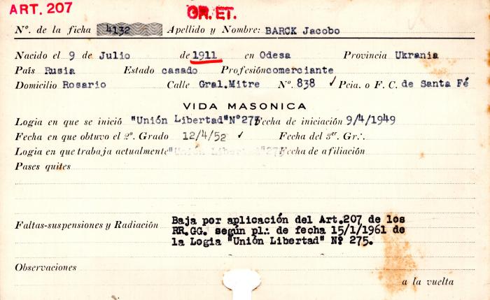 Ficha de miembro de Juan Jacobo Barck.
