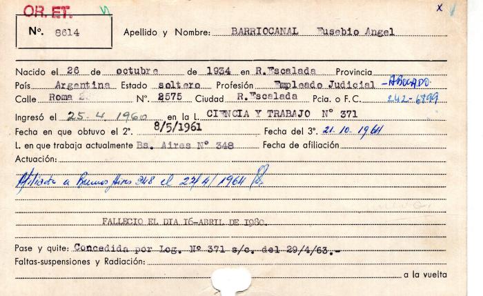 Ficha de miembro de Eusebio Ángel Barriocanal.