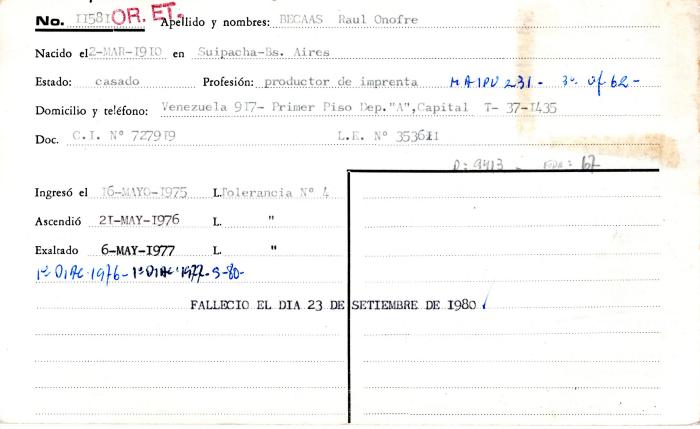 Ficha de miembro de Raúl Onofre Becaas.