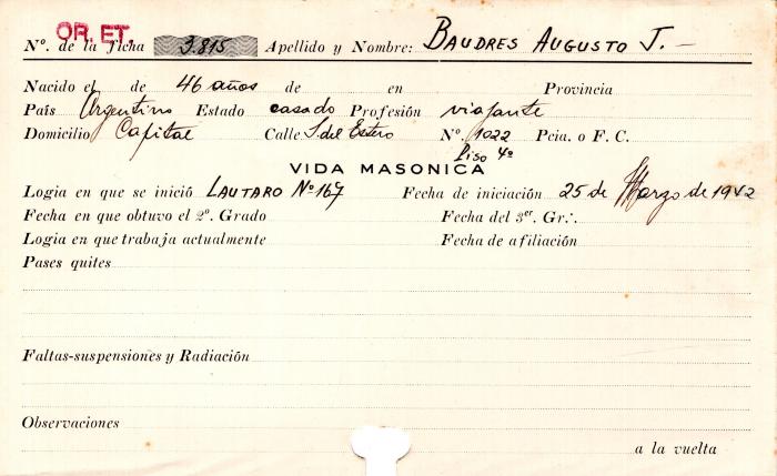 Ficha de miembro de Augusto J. Baudres.