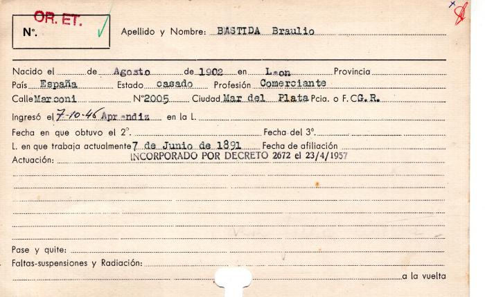 Ficha de miembro de Braulio Bastida.