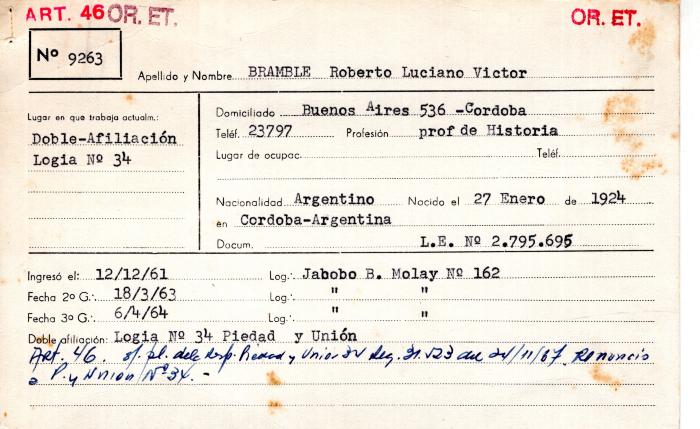 Ficha de miembro de Roberto Luciano Víctor Bramble.