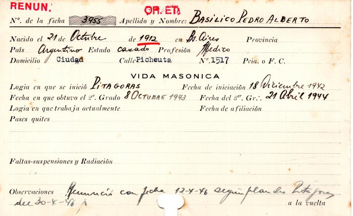 Ficha de miembro de Pedro Alberto Basilico.