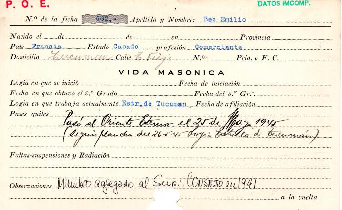 Ficha de miembro de Emilio Bec.