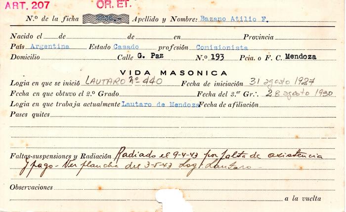 Ficha de miembro de Ailio F. Bazano.