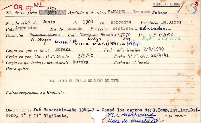 Ficha de miembro de Ernesto Judson Baumann.
