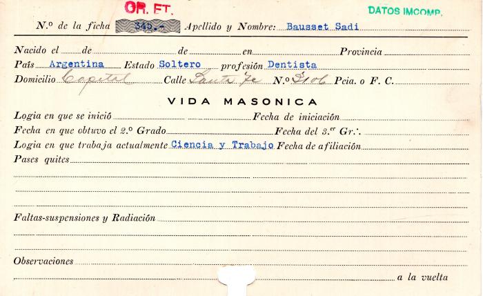 Ficha de miembro de Sadi Bausset.