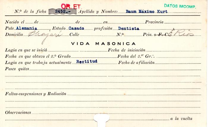 Ficha de miembro de Máximo Kurt Baum.