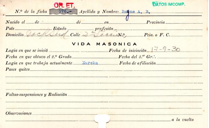 Ficha de miembro de A. B. Bayne.