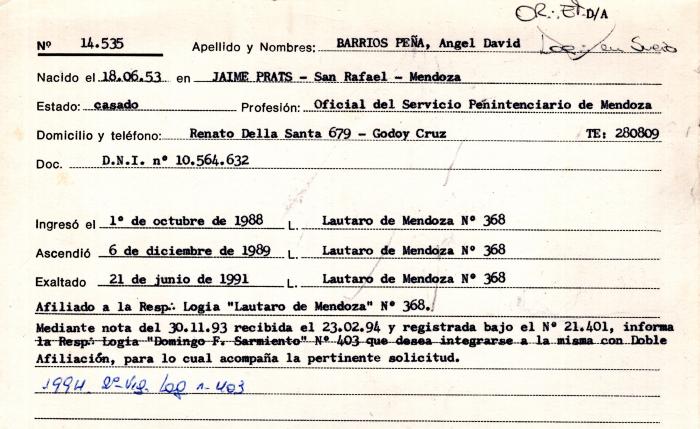 Ficha de miembro de Ángel David Barrios Peña.