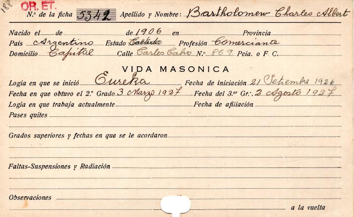 Ficha de miembro de Charles Albert Bartholomew.