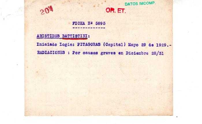 Ficha de miembro de Aristides Battistini.