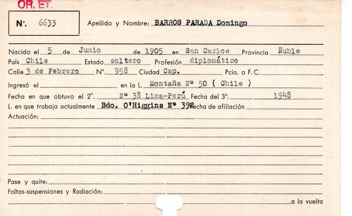 Ficha de miembro de Domingo Barros Parada.