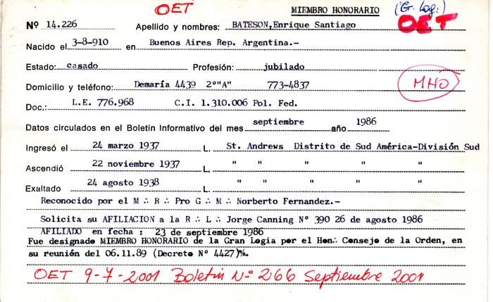 Ficha de miembro de Enrique Santiago Bateson.