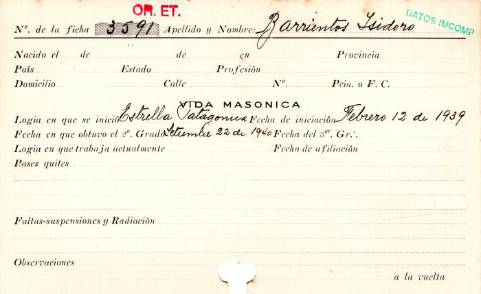 Ficha de miembro de Isidoro Barrientos.