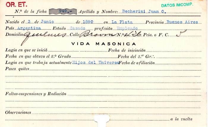 Ficha de miembro de Juan O. Becherini.