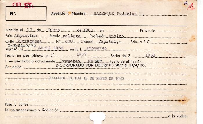 Ficha de miembro de Federico Bazerque.