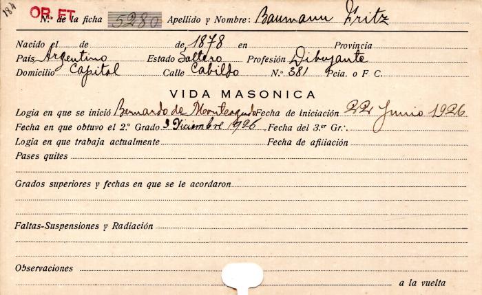 Ficha de miembro de Fritz Baumann.