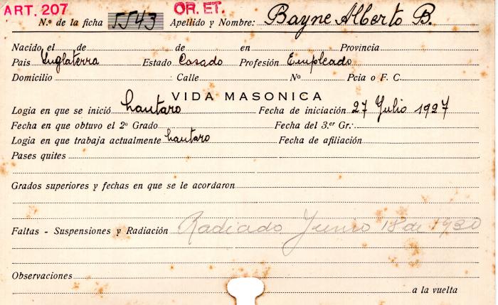 Ficha de miembro de Alberto B. Bayne.
