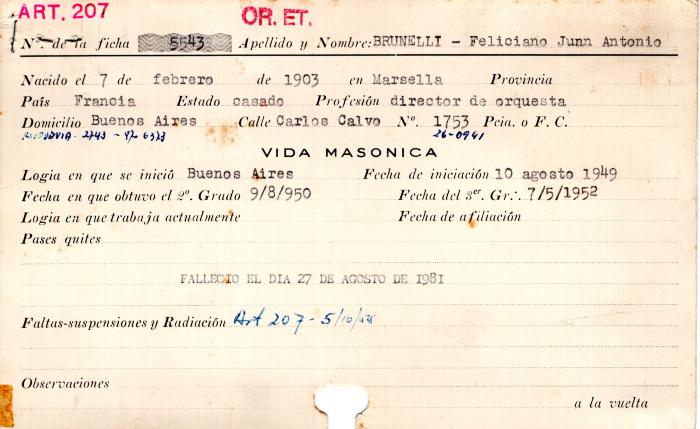 Ficha de miembro de Feliciano Juan Antonio Brunelli.
