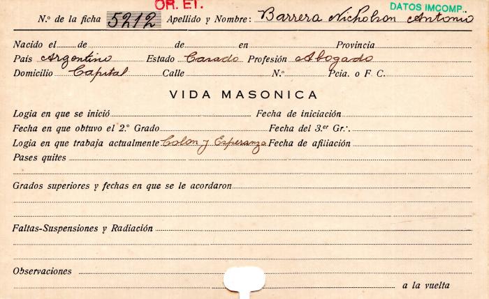 Ficha de miembro de Antonio Barrera Nichohan.