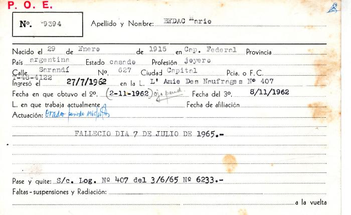 Ficha de miembro de Mario Bedac.